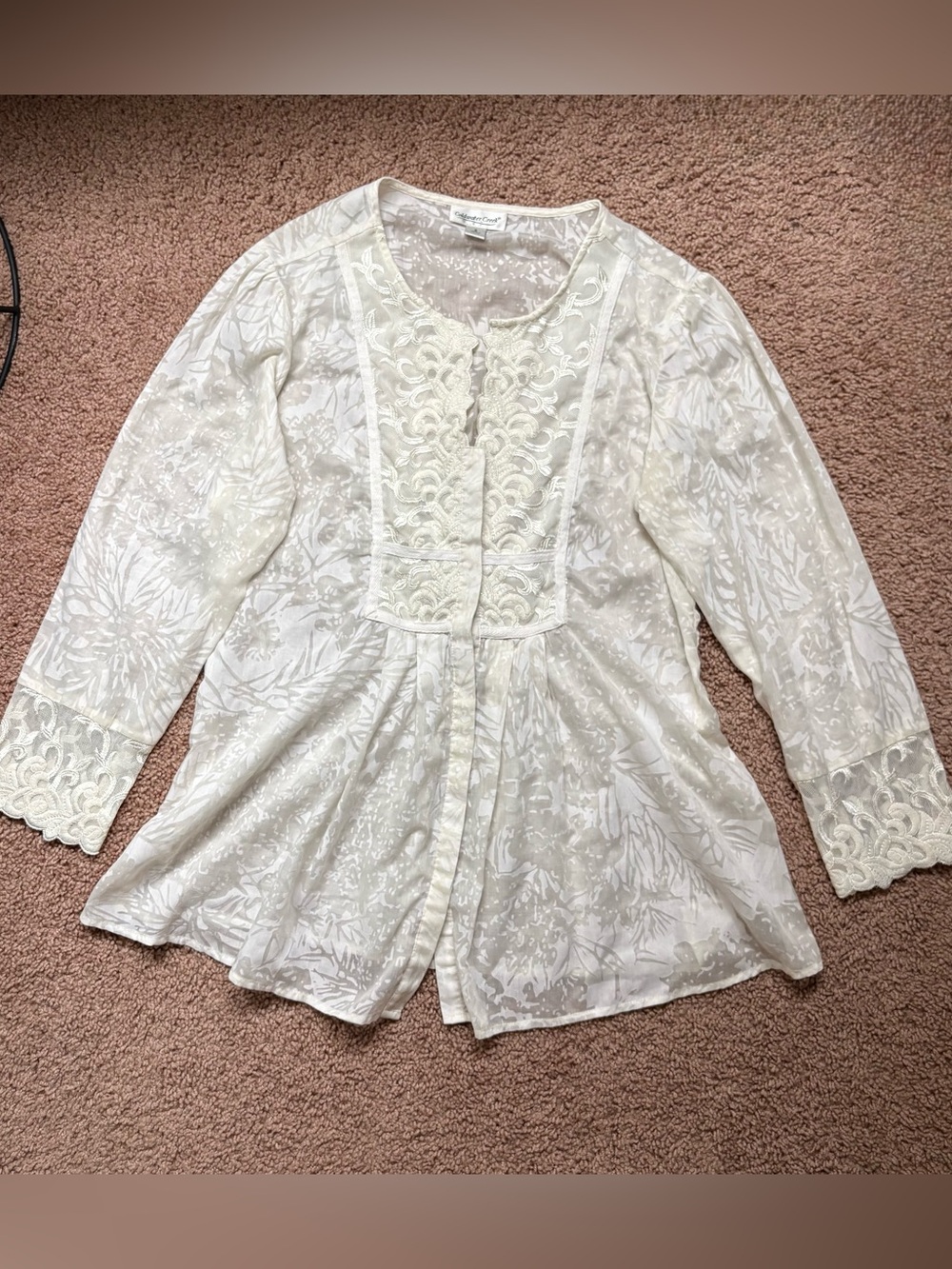 Coldwater Creek Lace Floral Sheer Button Up Blouse Small Church Whimsy Boho